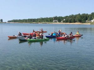 drone photo of kayak group tour door county