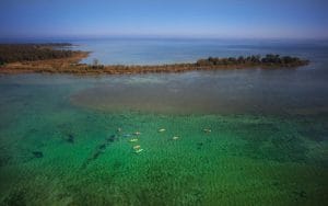 drone photo of kayak shipwreck tour